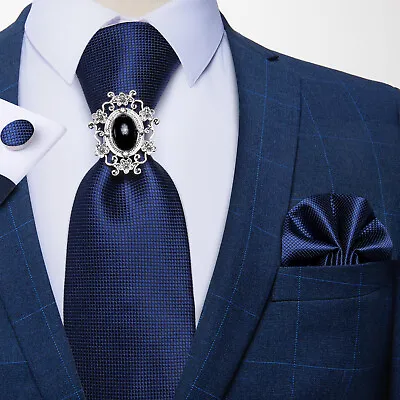 DiBanGu Mens Solid Blue Silk Tie Ring Set Striped Necktie Hanky Cufflinks Party • $12.31