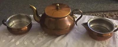 Vintage Tagus Portugal Stackable Copper Brass Teapot Set With Creamer Cup Lid • $15