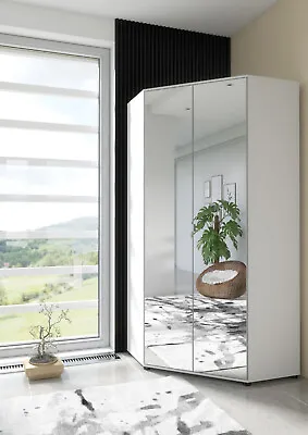 Cellini Alpine White And Mirrored 2 Door Corner Bedroom Wardrobe For Small Rooms • £469