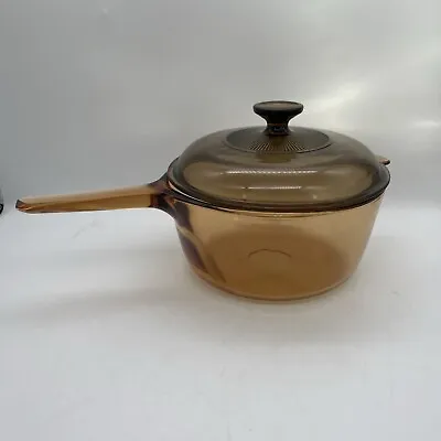 Corning Pyrex Vision Ware Amber Cookware 2.5 L Sauce Pan Pot With Lid USA • $35.99