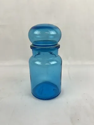 Vintage Apothecary Jar Blue Glass Bubble Lid Belgium Bottle MCM 5.5 Inch Storage • $14