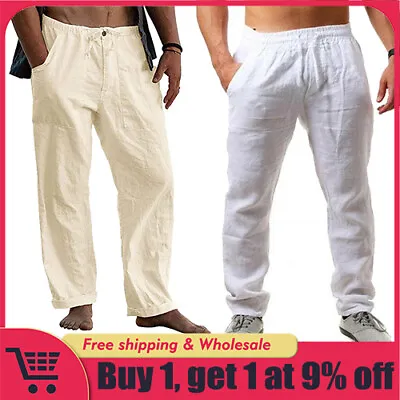 $4.90 • Buy Men's Summer Beach Loose Cotton Linen Pants Yoga Drawstring Elasticated Trouser&