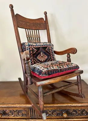 Vintage Children's Mission Rocking Chair Carved Leaf Motif W/Pillows 19th C • $150