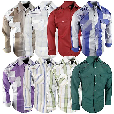 Mens Western Shirt Plaid Stripe Embroidered Cowboy Pockets Snap Up Rodeo • $27.95