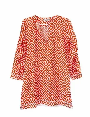 BARBARA GERWIT Beach Coverup Dress Tunic Size S Orange White Cotton • $40