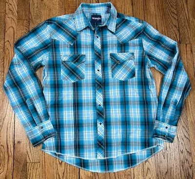 Vintage Wrangler Cowboy Cut Pearl Snap Plaid Shirt Blue Men’s Sz Large • $22.95