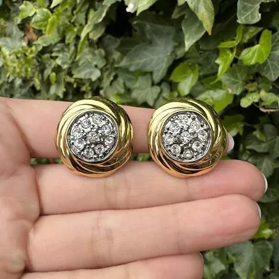 Vintage Louis Feraud Round Gold Tone Clip On Earrings With Clear Rhinestones • £40