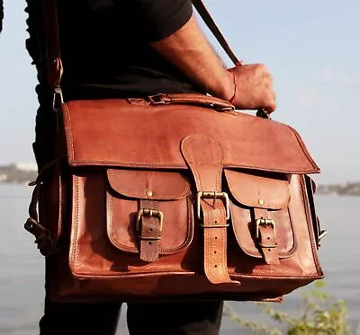 Mens Genuine Leather Vintage Brown Messenger Shoulder Laptop Briefcase Bag • $56.91