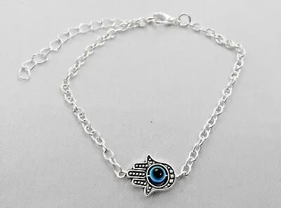 A Silver Tone KABBALAH Hamsa Hand Of Fatima Blue Evil Eye Charm Lucky Bracelet • £3.50