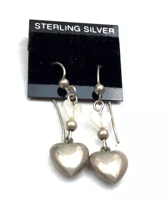 Vintage Sterling Earrings Tested Silver Rose Quartz Puffy Heart Dangle NO OFFERS • $10