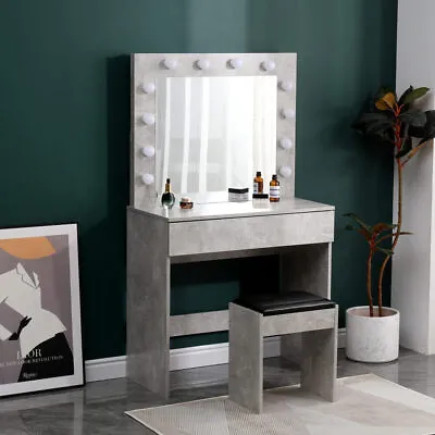 Dressing Table With LED Mirror Modern Makeup Desk Vanity Table Set + Stool Grey • £89.95