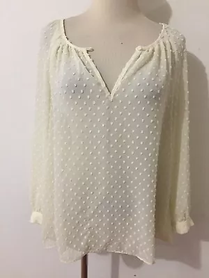 J.CREW Key-Hole Top Blouse Semi-Sheer Creme W/Pom Dots Size S • $24.99