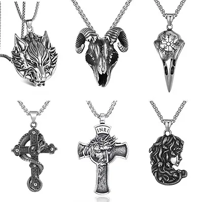 Mens Wolf Head / Viking Raven Skull / Cross Pendant Necklace Punk Biker Jewelry • $11.99