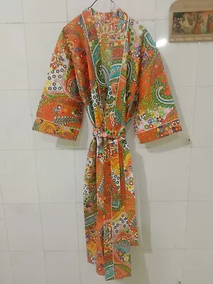 Indian Cotton Orange Beautiful Paisley Kimono Dress Women Clothing Bath Dress • $49.49