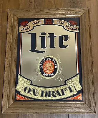 Vintage MILLER LITE COLD BEER Large Wood Frame Mirror Bar Pub Sign 29.5 X 23.5   • $90