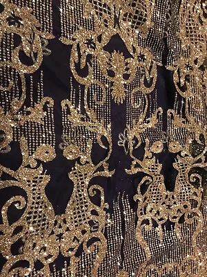 Black Mesh W/gold Floral Glitter Lace Fabric 50  Width Sold By The Yard • $19.99