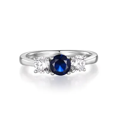 Ladies Solid Sterling 925 Silver 3 Stone Blue And White Sapphire Eternity Ring • £28.25