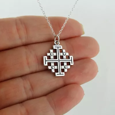 Jerusalem Cross Necklace - 925 Sterling Silver - Five-fold Pendant Symbol Potent • $22