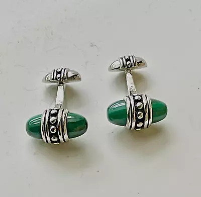 Vintage 925 Sterling Silver And Malachite Fixed  Style MCM Cuff Links • $24.99