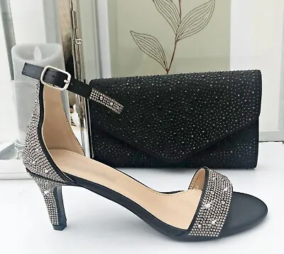 £24.99 • Buy Ladies Black Diamante Gem Medium Slim Heel Ankle Strap Evening Sandals Shoes