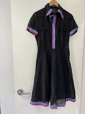 Vintage Silk Louis Feraud Paris Size 40 Black Silk Dress Short Sleeve Fit Flare • $52