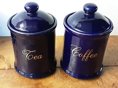 2x Blue & Gold Storage Jars TEA & COFFEE 6  Tall Ceramic • £5.50