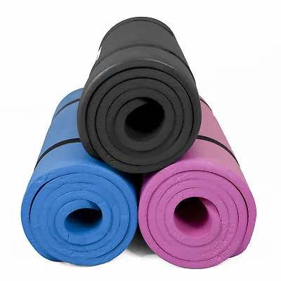 YOGA MAT 15mm Thick With Strap Roll Up Exercise Workout Gym Pilates Padded • £11.97