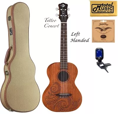 Luna UKE TC MAH L Mahogany Tattoo Concert Ukulele LEFTY Tweed Case Bundle • $219.99