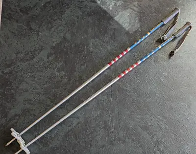 Vintage Hart Ramy Ski Poles Red Blue Leather Straps Aluminum 115 Cm • $41