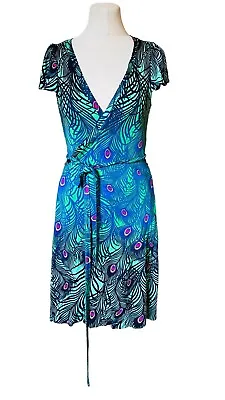 H&M Dress Matthew Williamson Peacock Blue Green Collectable Wrap Sz S 10 • $16.02