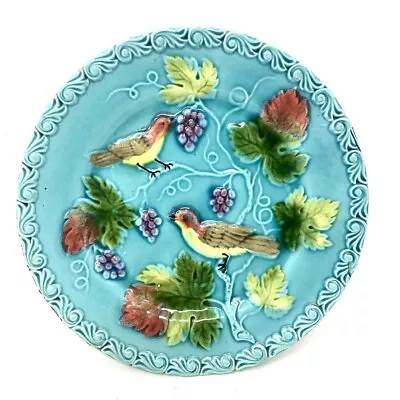 Majolica Plate Dinner Dessert Cheese Grape Berry Bird Turquoise Blue German 9  • $29.97