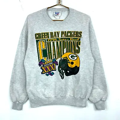 Vintage Green Bay Packers Super Bowl Xxxi Sweatshirt Crewneck Large Gray Nfl Usa • $33.99