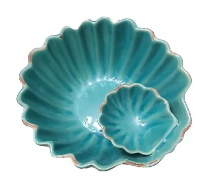 Vtg. ShabbyLook Blue/green Ceramic Beach Scallop Shell Double-Bowl Chip/Dip.Veg. • $30