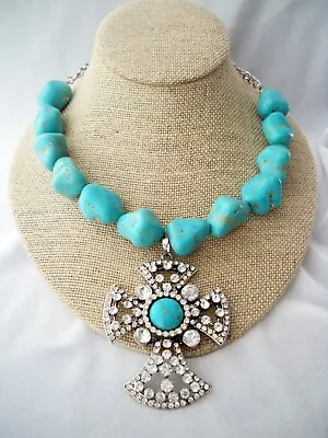 Julea Chunky Faux Turquoise Nugget Crystal Rhinestone Maltese Cross Necklace • $17.85