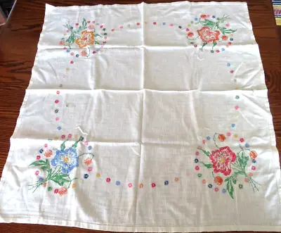 Vtg Embroidered Tablecloth Linen Multi-Color Flowers On White 33 X36  Farmhouse • $13.99