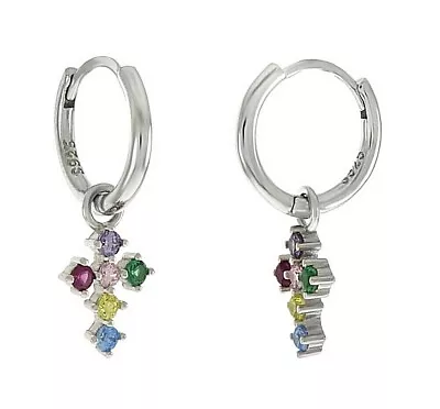 Multi Color Sapphire Dangle Cross Huggie Hoop Earrings - Solid Sterling Sterling • $51