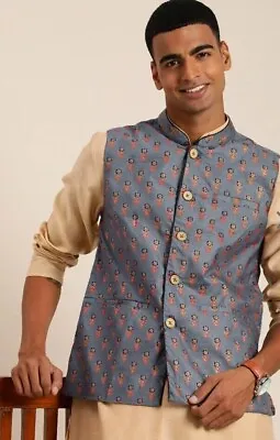 Man Indigo Geometric Printed Cotton Zari Work Nehru Jacket Festive Fast Shipping • $62.39