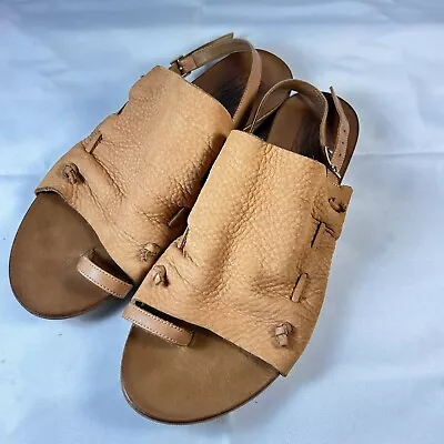 Miz Mooz Rian Boho Sandals Tan Ruched Leather Toe Loop Ankle Strap Sz40 / US 9.5 • $39.95
