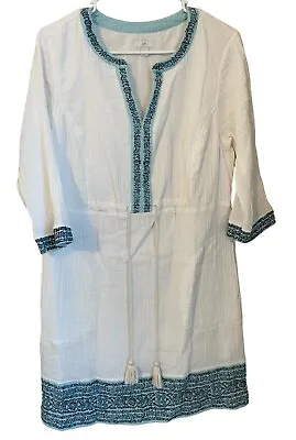 J.Jill Positano White Blue Embroidered Gauze 3/4 Sleeve Drawstring Dress Size M • $24