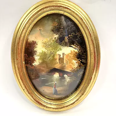 Vtg Painting Gold Oval Frame Convex Bubble Glass Italy Art Landscape Picture • $74.99