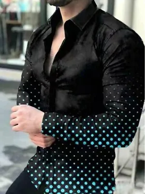 Button Down Shirts Men Black Polka Dot Contrast Dress Long Sleeve Fashion Tee T • $29.86