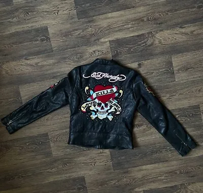 Vintage Ed Hardy X Avirex Leather Jacket Y2K Christian Audigier Biker Women's S • $180