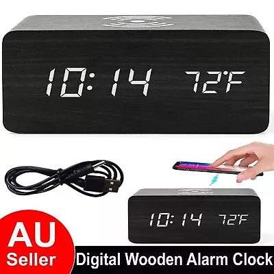 Digital Alarm Clock Wooden Table Desk Bedside LED Clock With Wireless Charger AU • $38.99