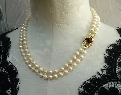 In Mikimoto Style & Quality 14k Garnet 2-stranded 7-7.5mm Akoya Pearl Necklace! • $1295