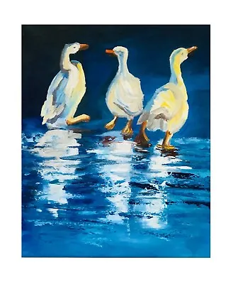 Bathing Geese Original Oil Painting  Impasto Art 12 By 10 Inches. • £55