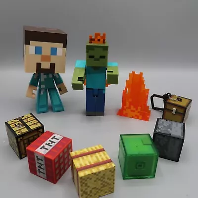 Minecraft Survival Mode Zombie Flames 5  & Steve Figure With Blocks Lot Large • $18.36