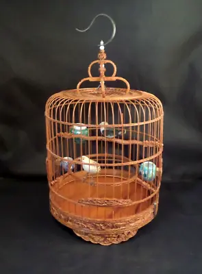 Vintage Chinese Bamboo Song Bird Bird Cage With Porcelain Feed Bowls And Birds • $87