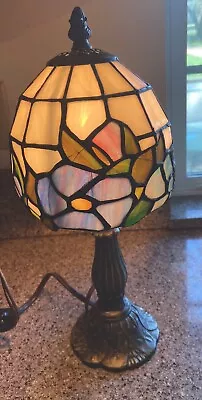 Vintage  Stained Glass Table Lamp Tiffany Style 14.5”Tall Blue Bronze Metal Base • $50