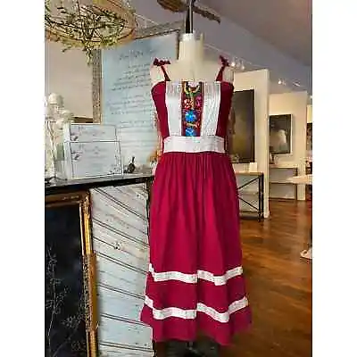 1970s Embroidered Cotton Peasant Dress Smocked Sundress Mexican Style Ribbon • $78