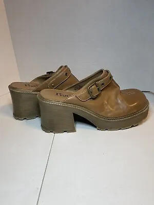 Mudd VTG Y2K 90S Tan Women's Size 9M Clogs Chunky Buckle Slip On Shoe 3inch Heel • $49.99